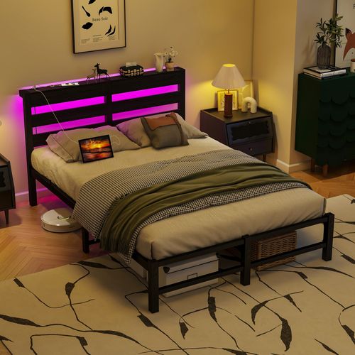 Lit Adulte 120x200 Cm Métal Noir Avec Éclairage LED, 2 Ports USB Et Rangements