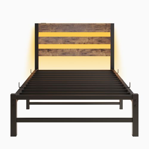 Lit Enfant 90x200 Cm Avec LED Rgb Et 2 Ports USB, Rangement, Métal Et Bois Marron