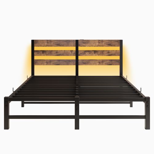 Lit Adulte 140x190 Cm Avec Éclairage LED, 2 Ports USB, Rangement, Métal Et Bois Brun