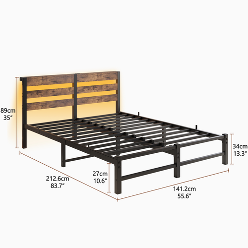 Lit Adulte 140x200 Cm Métal Noir Et Bois Marron, LED Rgb, 2 Ports USB, Avec Rangement