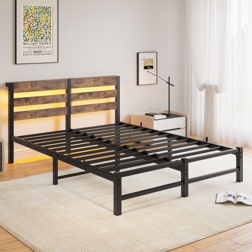 Lit Adulte 140x200 Cm Métal Noir Et Bois Marron, LED Rgb, 2 Ports USB, Avec Rangement