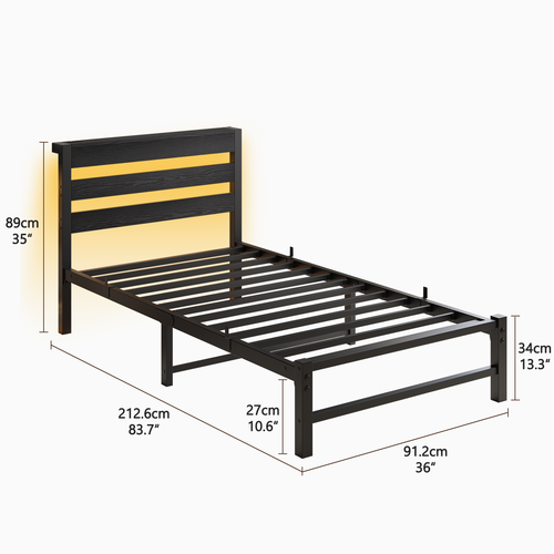 Lit Enfant 90x200 Cm Métal Et Bois Noir Avec Rangements, Éclairage LED Et 2 Ports USB
