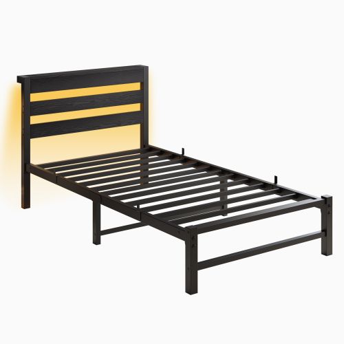 Lit Enfant 90x200 Cm Métal Et Bois Noir Avec Rangements, Éclairage LED Et 2 Ports USB