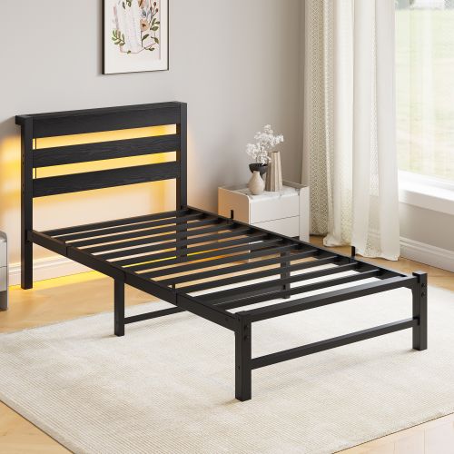 Lit Enfant 90x200 Cm Métal Et Bois Noir Avec Rangements, Éclairage LED Et 2 Ports USB