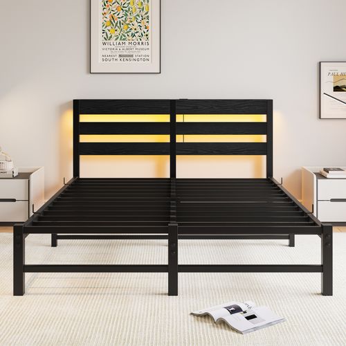 Lit Adulte 140x200 Cm Métal Noir Et Bois Avec Rangements, LED Rgb Et 2 Ports USB