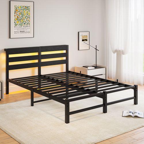 Lit Adulte 140x200 Cm Métal Noir Et Bois Avec Rangements, LED Rgb Et 2 Ports USB