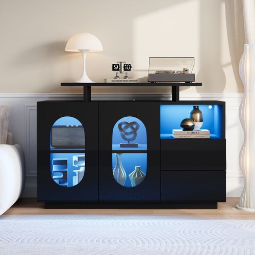 Buffet LED Noir Brillant Avec 2 Tiroirs, 2 Portes Ovales En Verre Et Niche, Rangement Salon/chambre