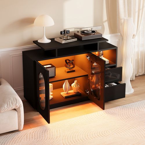Buffet LED Noir Brillant Avec 2 Tiroirs, 2 Portes Ovales En Verre Et Niche, Rangement Salon/chambre