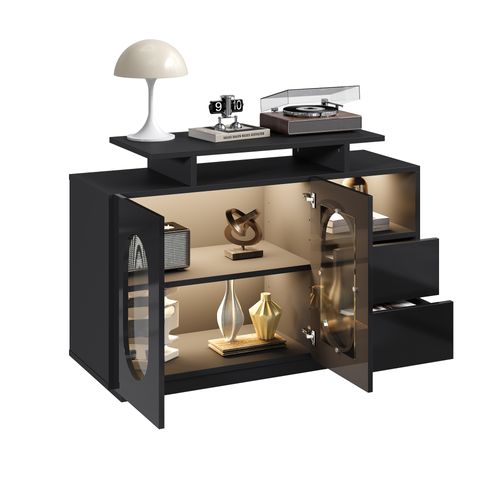 Buffet LED Noir Brillant Avec 2 Tiroirs, 2 Portes Ovales En Verre Et Niche, Rangement Salon/chambre
