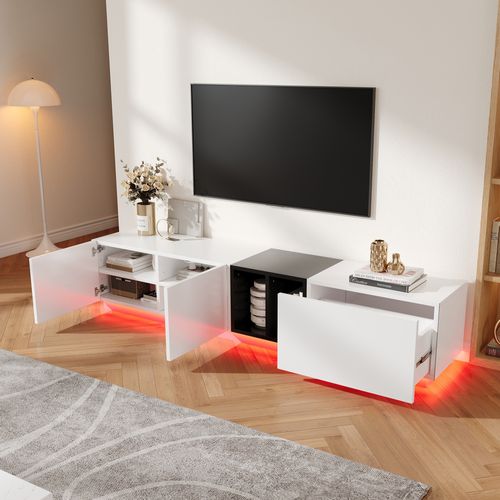 Meuble TV 190 Cm Blanc Et Noir Avec Tiroirs Et Étagères, 2 Porte Et Niches, Design Moderne En Bois