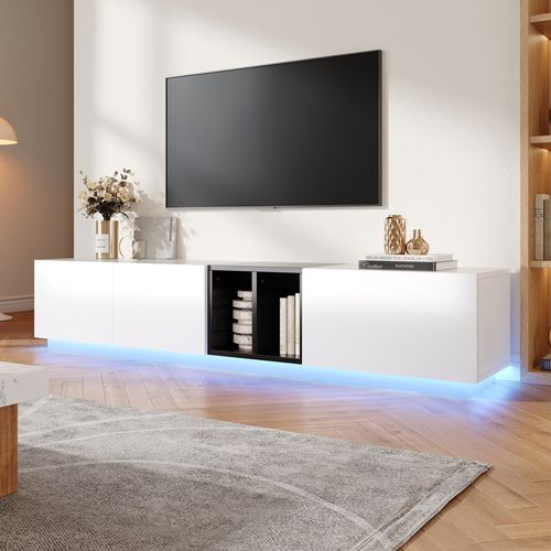 Meuble TV 190 Cm Blanc Et Noir Avec Tiroirs Et Étagères, 2 Porte Et Niches, Design Moderne En Bois