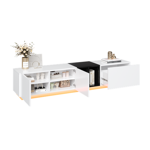 Meuble TV 190 Cm Blanc Et Noir Avec Tiroirs Et Étagères, 2 Porte Et Niches, Design Moderne En Bois