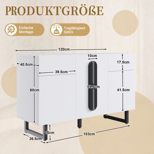 Buffet En Bois Blanc LED Avec 2 Tiroirs Et 3 Portes, Bois Blanc, Pieds Métal
