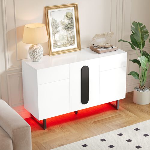 Buffet En Bois Blanc LED Avec 2 Tiroirs Et 3 Portes, Bois Blanc, Pieds Métal