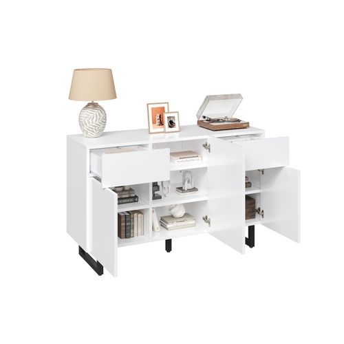 Buffet En Bois Blanc LED Avec 2 Tiroirs Et 3 Portes, Bois Blanc, Pieds Métal
