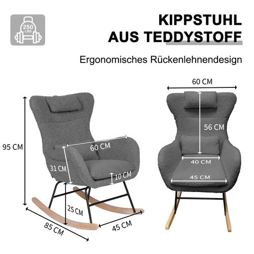 Fauteuil à Bascule En Tissu Teddy Gris, En Métal Et Bois, Chambre Et Salon