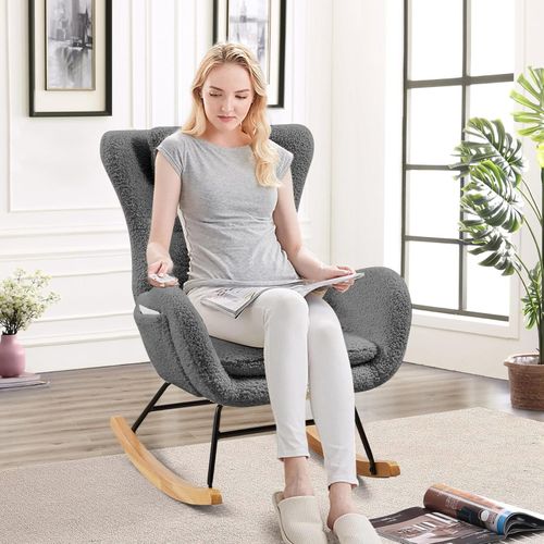 Fauteuil à Bascule En Tissu Teddy Gris, En Métal Et Bois, Chambre Et Salon