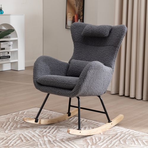 Fauteuil à Bascule En Tissu Teddy Gris, En Métal Et Bois, Chambre Et Salon