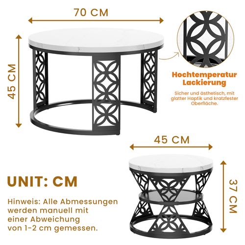 Tables Basses Gigognes Rondes 70x70x45 Cm, Blanc Marbre Et Pieds Noir Avec Étagère, Salon Et Chambre