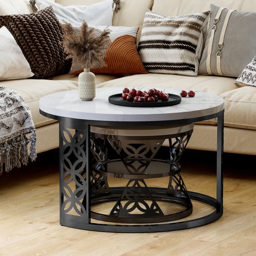 Tables Basses Gigognes Rondes 70x70x45 Cm, Blanc Marbre Et Pieds Noir Avec Étagère, Salon Et Chambre