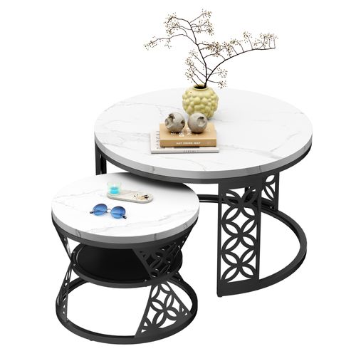 Tables Basses Gigognes Rondes 70x70x45 Cm, Blanc Marbre Et Pieds Noir Avec Étagère, Salon Et Chambre