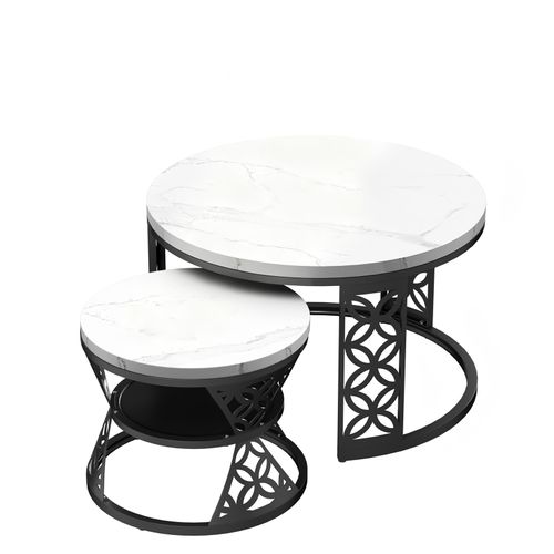 Tables Basses Gigognes Rondes 70x70x45 Cm, Blanc Marbre Et Pieds Noir Avec Étagère, Salon Et Chambre