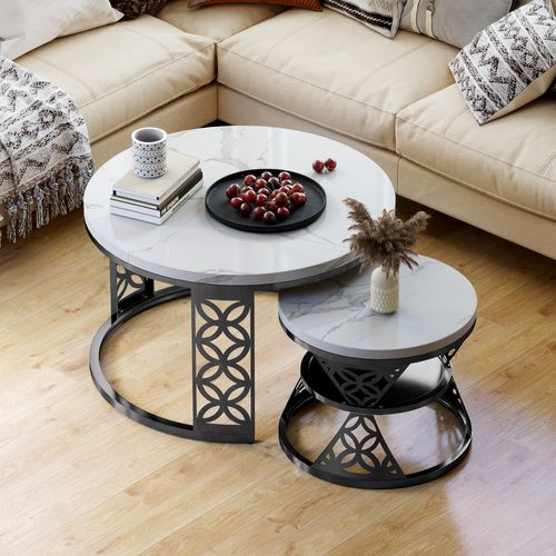 Tables Basses Gigognes Rondes 70x70x45 Cm, Blanc Marbre Et Pieds Noir Avec Étagère, Salon Et Chambre