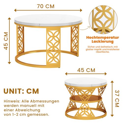 Tables Basses Rondes Gigognes 70x70x45 Cm, Blanc Marbre Avec Pied Métal Doré, Salon Et Chambre