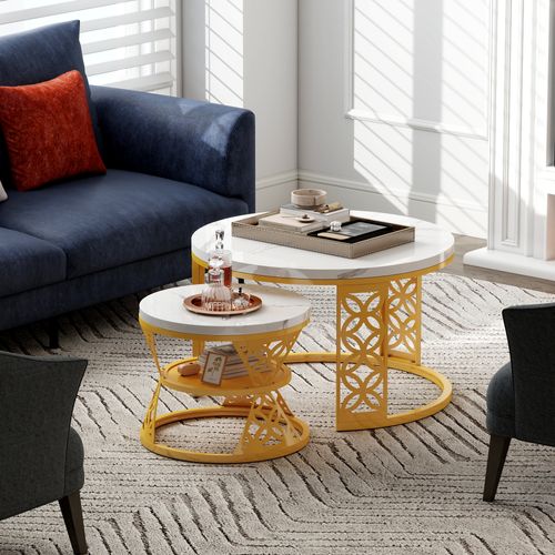 Tables Basses Rondes Gigognes 70x70x45 Cm, Blanc Marbre Avec Pied Métal Doré, Salon Et Chambre