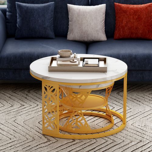 Tables Basses Rondes Gigognes 70x70x45 Cm, Blanc Marbre Avec Pied Métal Doré, Salon Et Chambre