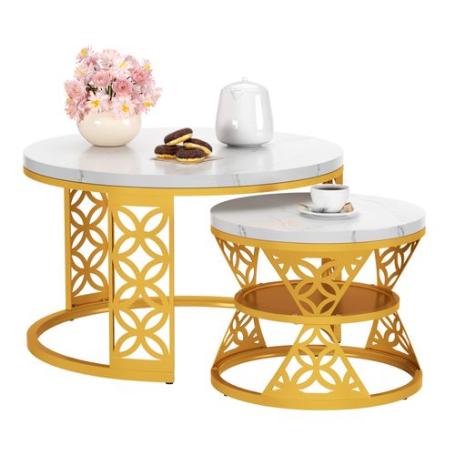 Tables Basses Rondes Gigognes 70x70x45 Cm, Blanc Marbre Avec Pied Métal Doré, Salon Et Chambre