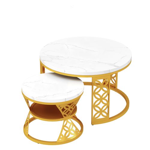 Tables Basses Rondes Gigognes 70x70x45 Cm, Blanc Marbre Avec Pied Métal Doré, Salon Et Chambre