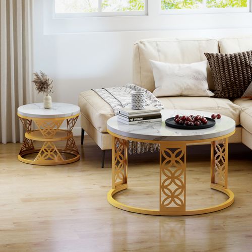 Tables Basses Rondes Gigognes 70x70x45 Cm, Blanc Marbre Avec Pied Métal Doré, Salon Et Chambre