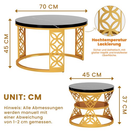 Set De 2 Tables Rondes Gigognes 70x70x45 Cm, Noir Marbre Avec Pied Métal Doré, Salon Et Chambre