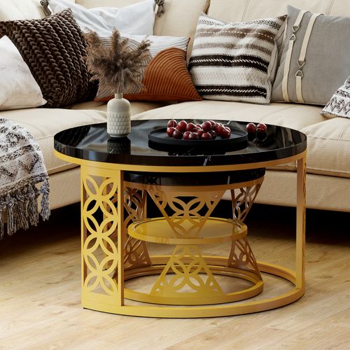 Set De 2 Tables Rondes Gigognes 70x70x45 Cm, Noir Marbre Avec Pied Métal Doré, Salon Et Chambre