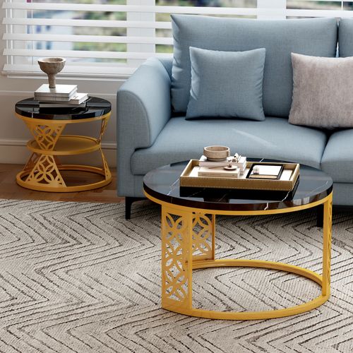 Set De 2 Tables Rondes Gigognes 70x70x45 Cm, Noir Marbre Avec Pied Métal Doré, Salon Et Chambre