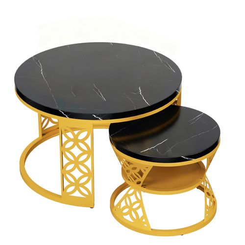 Set De 2 Tables Rondes Gigognes 70x70x45 Cm, Noir Marbre Avec Pied Métal Doré, Salon Et Chambre