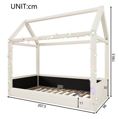 Lit Enfant 90x200 Cm Style Cabane En Lin Beige Avec Éclairage LED Et Sommier à Lattes