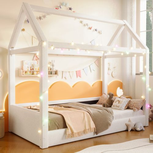 Lit Enfant 90x200 Cm Style Cabane En Lin Beige Avec Éclairage LED Et Sommier à Lattes