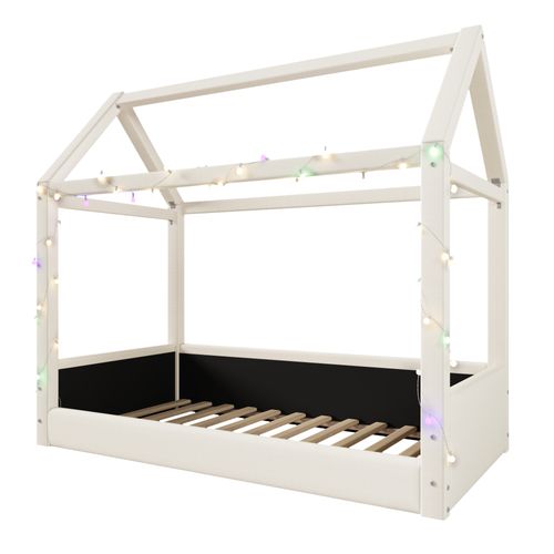 Lit Enfant 90x200 Cm Style Cabane En Lin Beige Avec Éclairage LED Et Sommier à Lattes