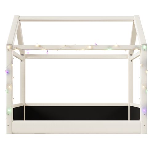 Lit Enfant 90x200 Cm Style Cabane En Lin Beige Avec Éclairage LED Et Sommier à Lattes