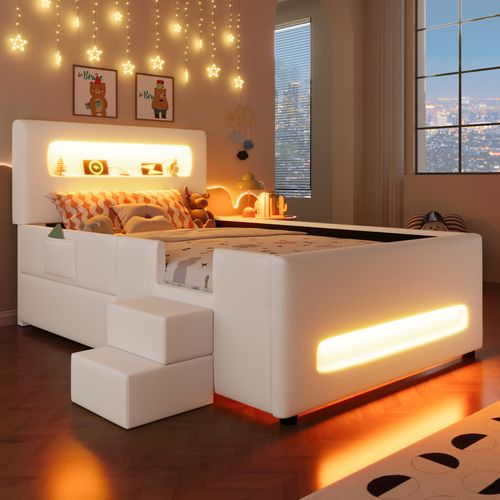 Lit Enfant 90x200 Cm Avec Tiroir, LED, Marche D'accès, Pu Blanc, Sommier à Lattes