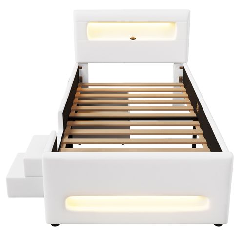 Lit Enfant 90x200 Cm Avec Tiroir, LED, Marche D'accès, Pu Blanc, Sommier à Lattes
