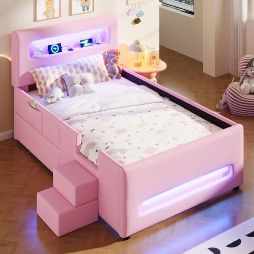 Lit Enfant 90x200 Cm Avec Tiroir, LED, Marche D'accès, Pu Rose, Sommier à Lattes