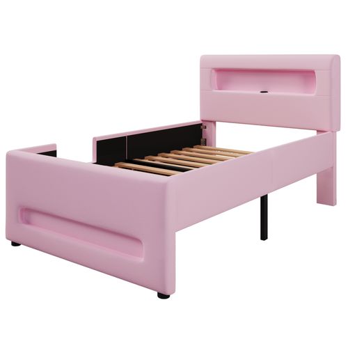 Lit Enfant 90x200 Cm Avec Tiroir, LED, Marche D'accès, Pu Rose, Sommier à Lattes