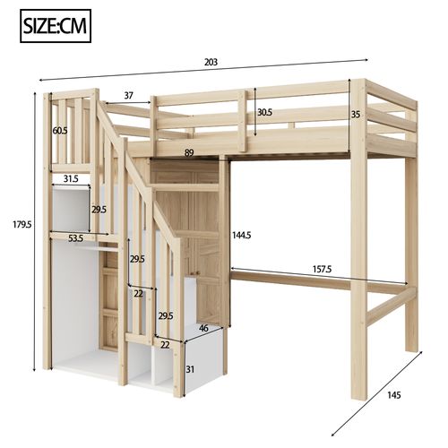 Lit Mezzanine Enfant 90x200 Cm Avec Armoire Et Marches De Rangement, Bois Naturel