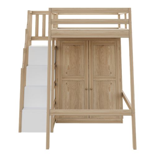 Lit Mezzanine Enfant 90x200 Cm Avec Armoire Et Marches De Rangement, Bois Naturel