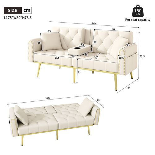 Canapé Convertible 2 Places 175cm Velours Beige Avec Porte-gobelet Et Poche Latérale