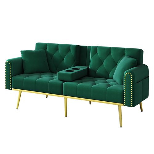 Canapé Convertible 2 Places 175cm Velours Vert Avec Porte-gobelet Et Poche Latérale