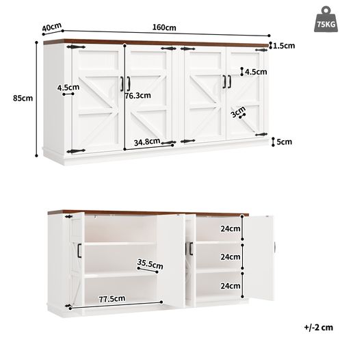 Buffet 160x40x85 Cm Blanc Avec 4 Portes Et Étagères Réglables, Plateau Effet Bois, Métal